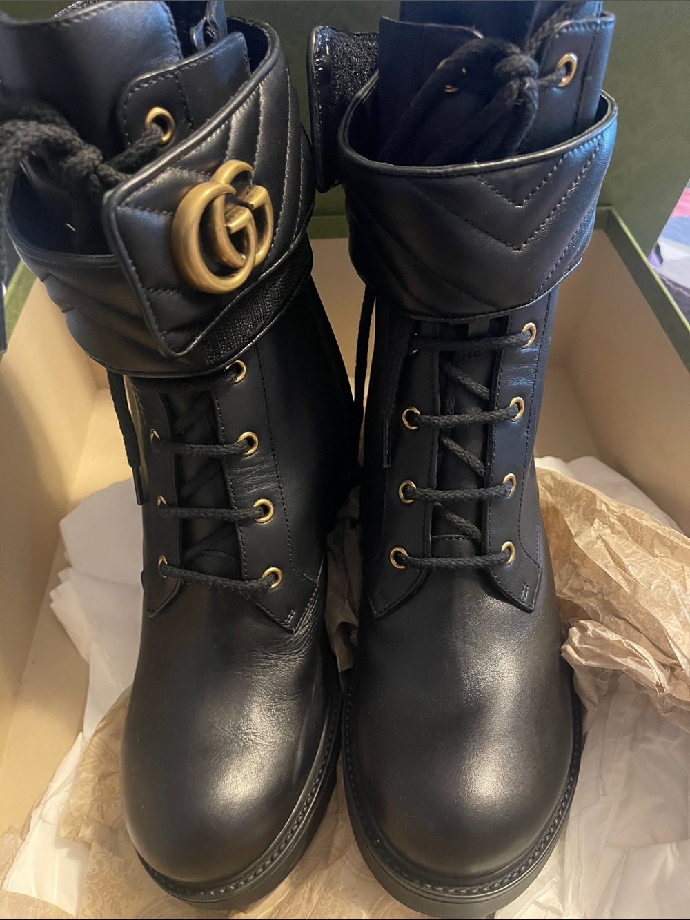 Gucci Black Leather Lace-Up Platform Ankle Boots with Gold GG Strap - Picture 2 of 5